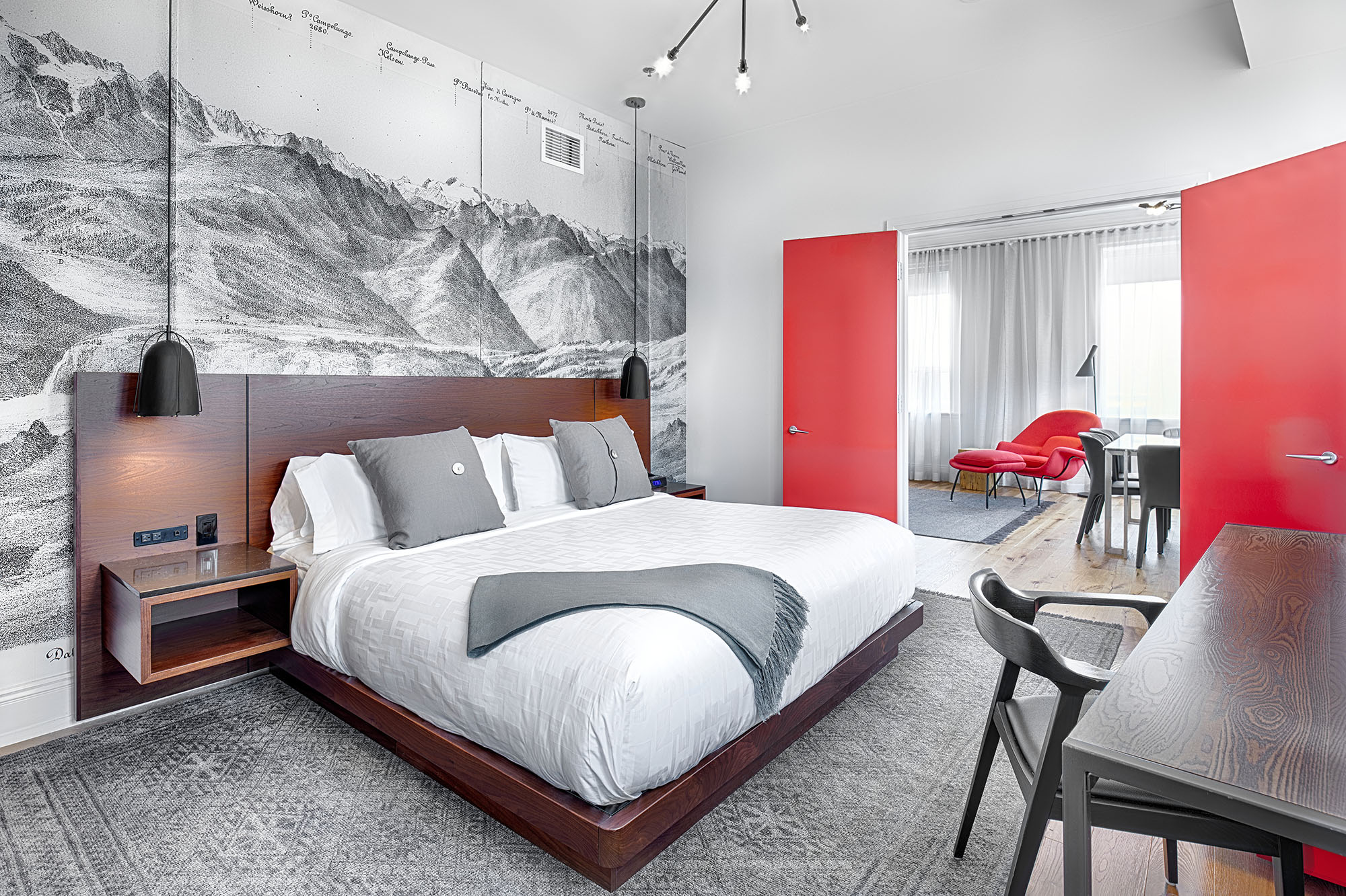 hotel bed, office and lounge area